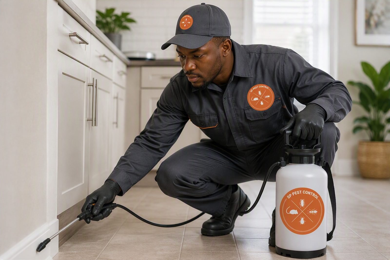 SP Pest Control technician treating a kitchen baseboard