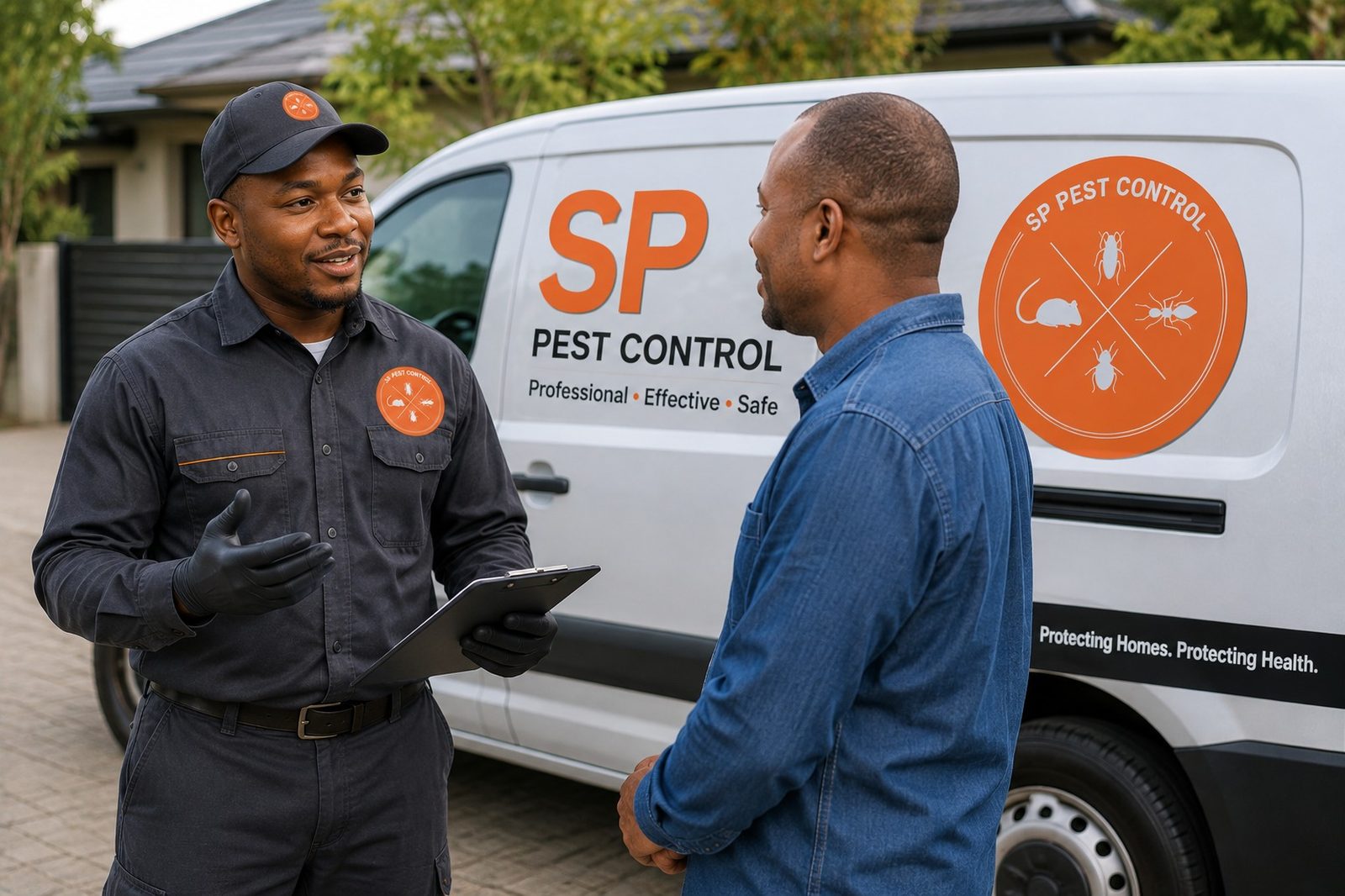 SP Pest Control technician discussing service with a homeowner